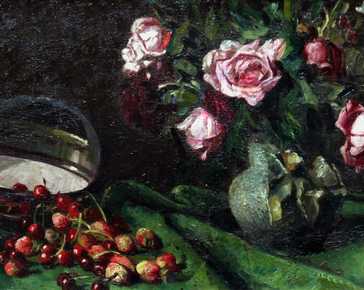 Maimeri Gianni - Natura morta con ciliegie e vaso con rose